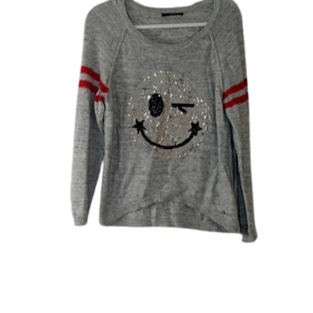 Set Womens Crew Neck Sweater Gray Sequined Winky Smile Face Jersey Stripe US 4